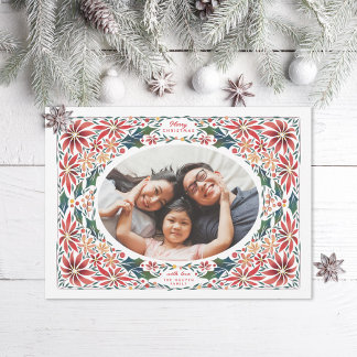 Delicate Poinsettia Oval Frame Photo Holiday Card