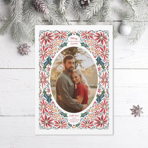 Delicate Poinsettia Oval Frame Photo Holiday Card