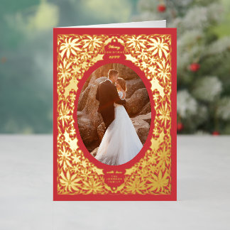 Delicate Poinsettia Red Oval Frame Photo Foil Holiday Card