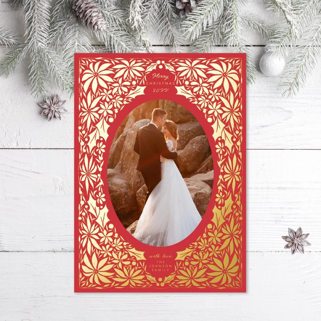 Delicate Poinsettia Red Oval Frame Photo Foil Holiday Card (Creator Uploaded)