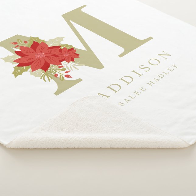 Delicate Poinsettias M Initial Christmas Girl Gift Sherpa Blanket (3/4)