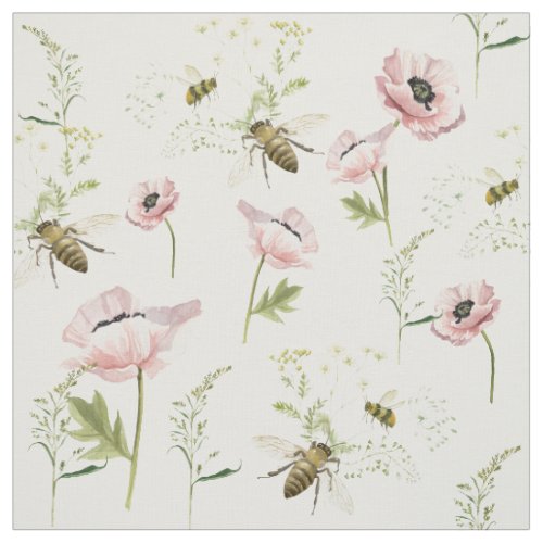 Delicate poppies bees wildflower watercolor fabric