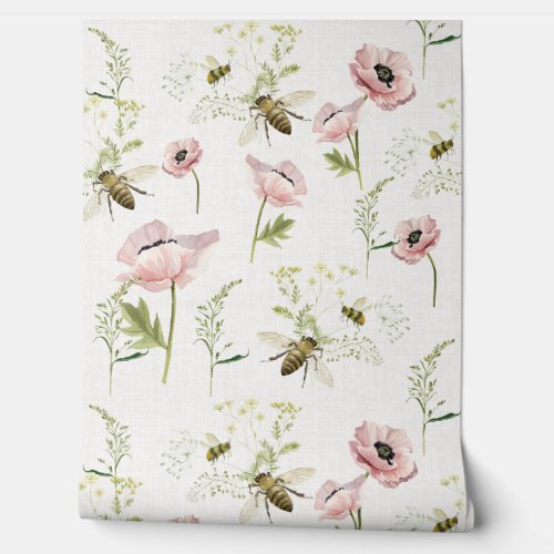 Delicate poppies bees wildflower watercolor wallpaper 