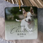Delicate Puppy's First Christmas Dog Photo Ceramic Ornament<br><div class="desc">This delicate puppy's first Christmas dog photo ceramic ornament is the perfect modern Christmas tree decoration. The romantic minimalist design features lovely and elegant black typography with a clean and simple look. This keepsake ornament reads "first Christmas". Personalize your double-sided ornament with a photo of your puppy, your puppy's name...</div>