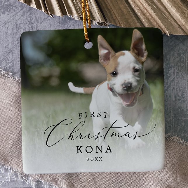 Delicate Puppy's First Christmas Dog Photo Ceramic Ornament (Creator Uploaded)