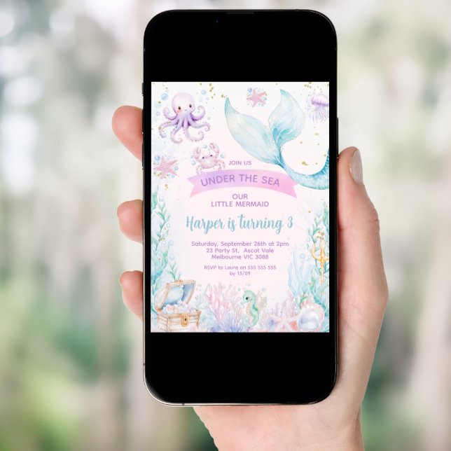 Delicate Purple Blue Photo Little Mermaid Birthday Invitation (Front Digital)
