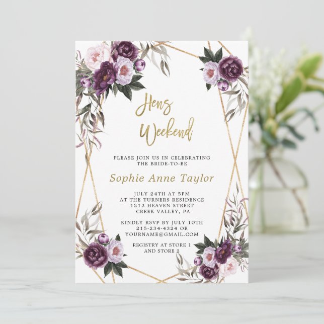 Delicate Purple Floral Gold Bachelorette Weekend  Invitation (Standing Front)