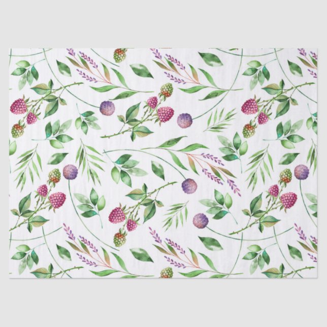 Delicate purple flowers & berries Pattern Tissue Paper (Front)
