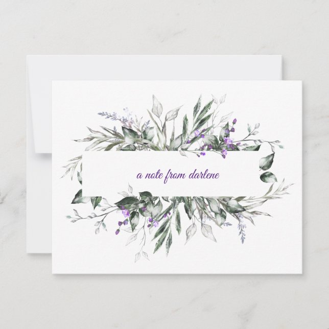 Delicate Purple Flowers with Green Leaves Frame Note Card (Front)