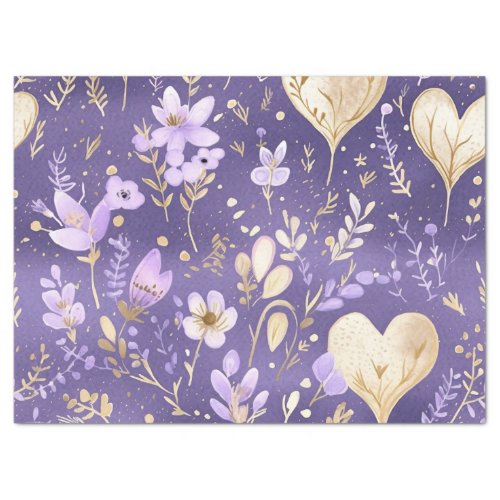 Delicate Purple Gold Floral Hearts Decoupage  Tissue Paper