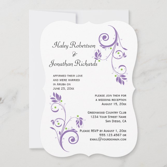 Delicate Purple Green Floral Swirls Reception Only Invitation (Front)