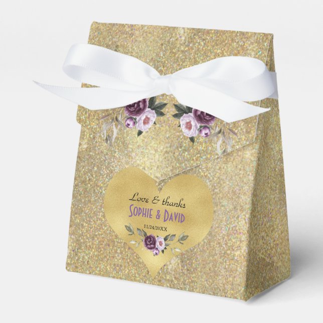 Delicate Purple Pink Flowers Gold Glitter Wedding Favor Boxes (Front Side)