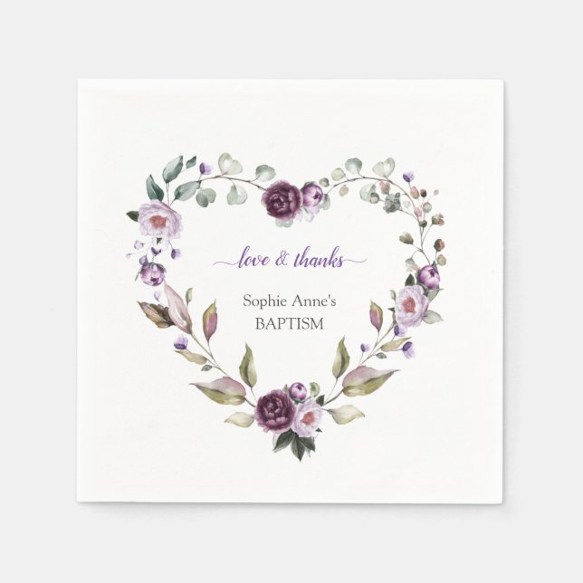 Delicate Purple Pink Peonies Flowers Baptism Napkins (Front)