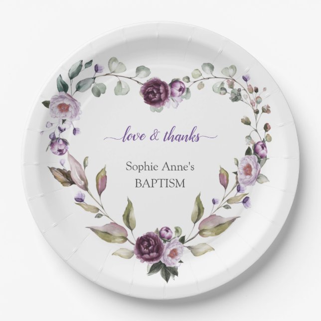Delicate Purple Pink Peonies Flowers Baptism Paper Plates (Front)