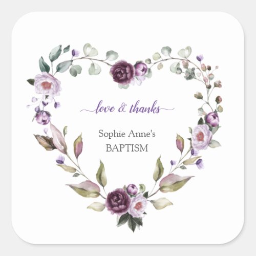 Delicate Purple Pink Peonies Flowers Baptism Square Sticker