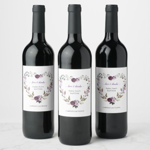 Delicate Purple Pink Peonies Flowers Baptism Wine Label