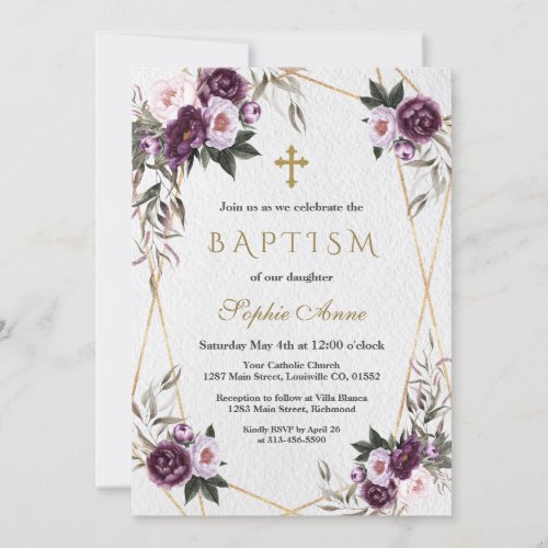 Delicate Purple Pink Peony Flowers Gold Baptism Invitation