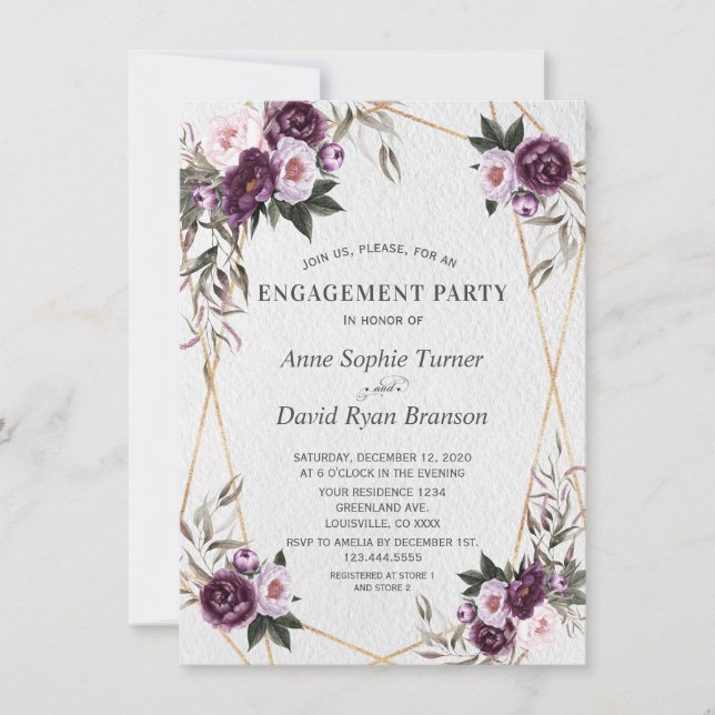 Delicate Purple Pink Peony Flowers Gold Engagement Invitation (Front)