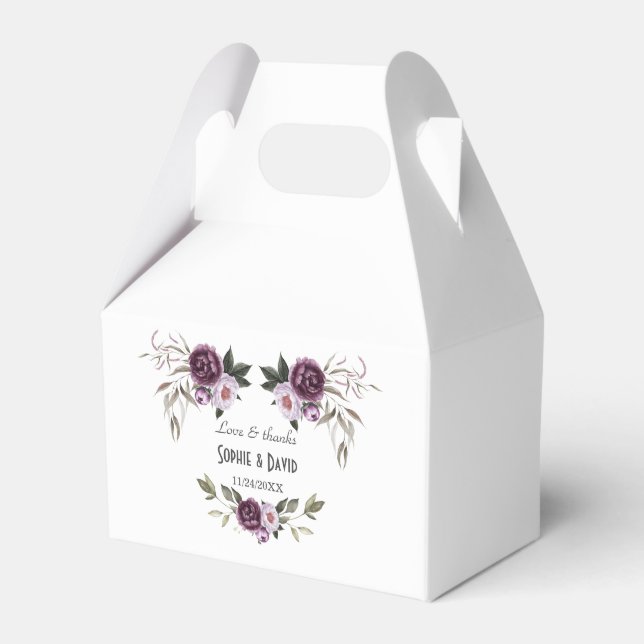 Delicate Purple Pink Peony Flowers Gold Wedding Favor Boxes (Front Side)