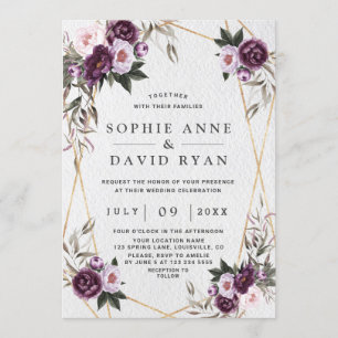 Delicate Purple Pink Peony Flowers Gold Wedding Invitation