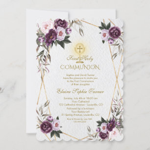 Delicate Purple Pink Peony Flowers Holy Communion Invitation