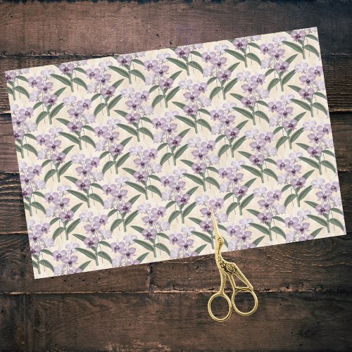 Delicate Purple White Orchids on Vintage Cream Tissue Paper