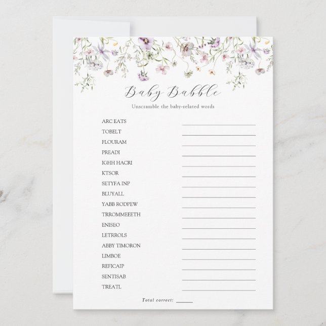 Delicate Purple Wildflower Baby Babble Scramble Invitation (Front)