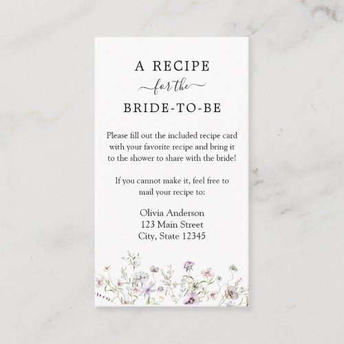 Delicate Purple Wildflower Bridal Recipe Request Enclosure Card