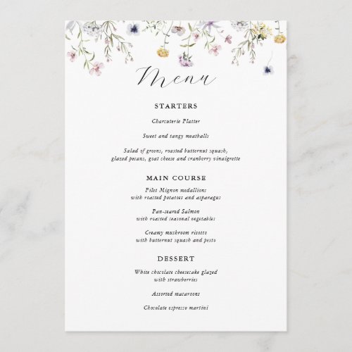 Delicate Purple Wildflower Wedding Menu