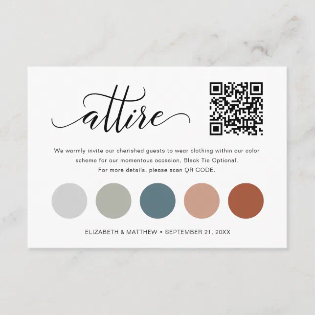 Delicate QR Code Wedding Color Palette Attire Card | Zazzle