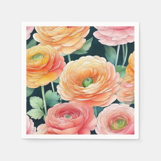 Delicate Ranunculus Flowers Watercolor Napkins (Front)