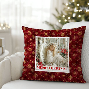 Delicate Red and Gold Angel Vintage Christmas Throw Pillow