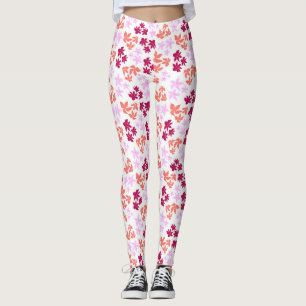 Delicate red and pink floral pattern on soft white leggings
