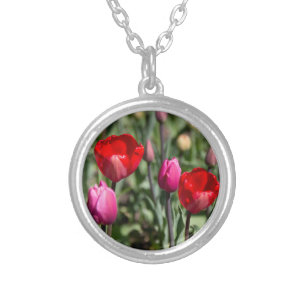 Delicate red and purple tulips silver plated necklace