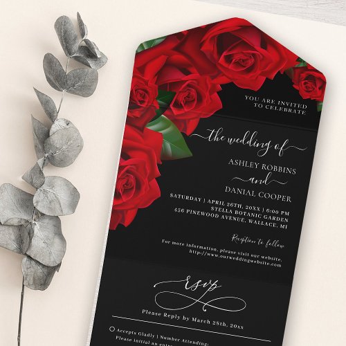 Delicate Red Love Roses Wedding All In One Invitation