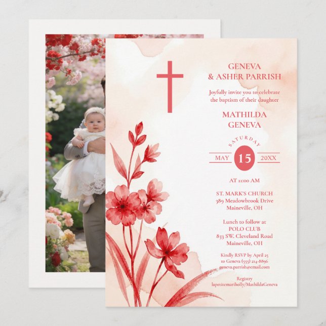 Delicate Red & Pink Wildflowers Baptism Photo Invitation (Front/Back)