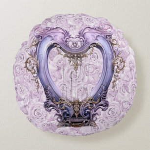 Delicate Rococo Lilac Lyra Harp Cotton  Round Pillow