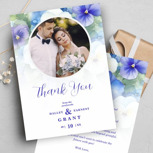 Delicate Romantic Classic Floral Blue Shades Photo Thank You Card