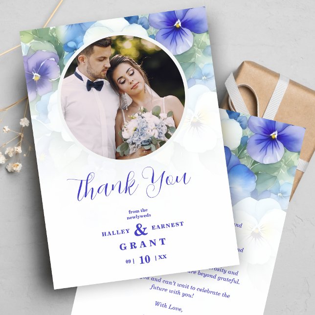 Delicate Romantic Classic Floral Blue Shades Photo Thank You Card (Delicate Romantic Modern Classic Floral Blue Shades Photo Thank You Card with Envelope.)