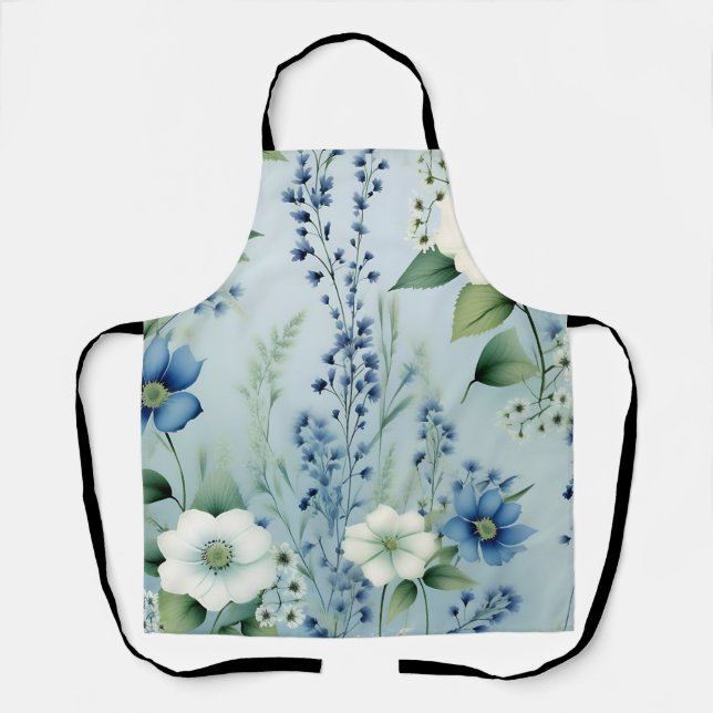 Delicate Romantic Floral Blue Apron (Front)