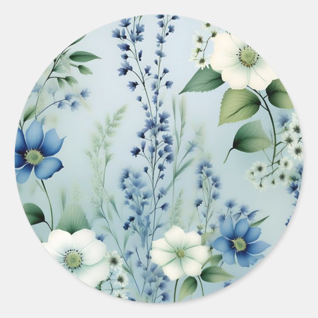 Delicate Romantic Floral Blue Classic Round Sticker (Front)