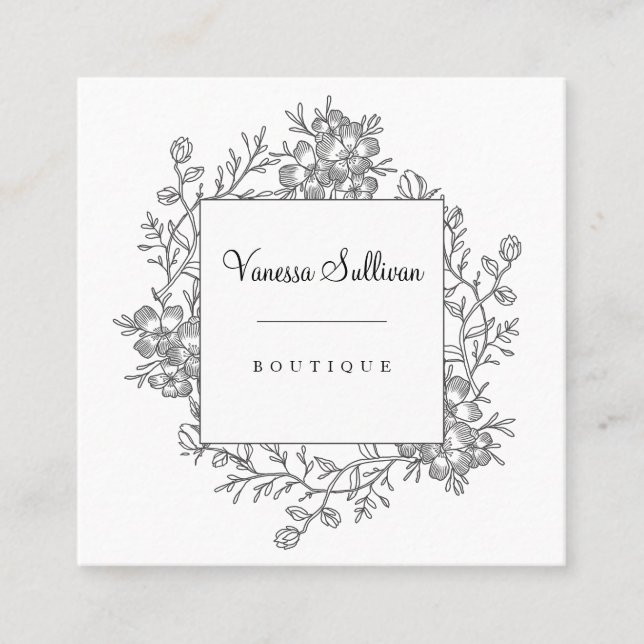 Delicate Romantic Hand Drawn Floral Wreath Square Business Card (Front)