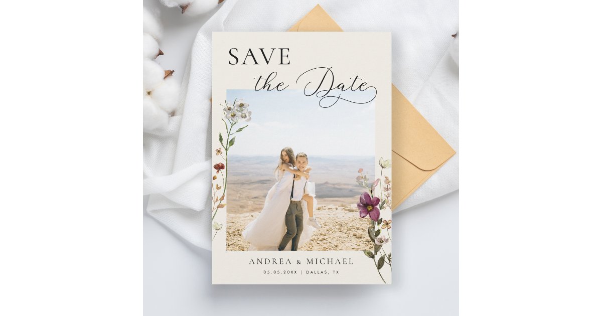 Delicate Romantic Ivory Wildflowers Photo Wedding Save The Date | Zazzle