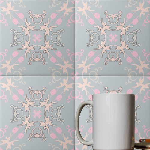 Delicate Romantic Pastel Baroque Damask Pattern Ceramic Tile