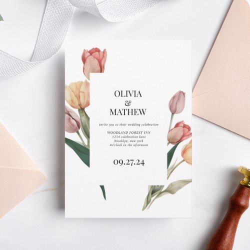 Delicate Romantic Tulip Watercolor Frame Wedding Invitation