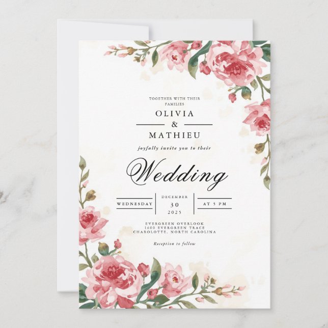 Delicate Rose Blossom Arch Wedding Invitation (Front)