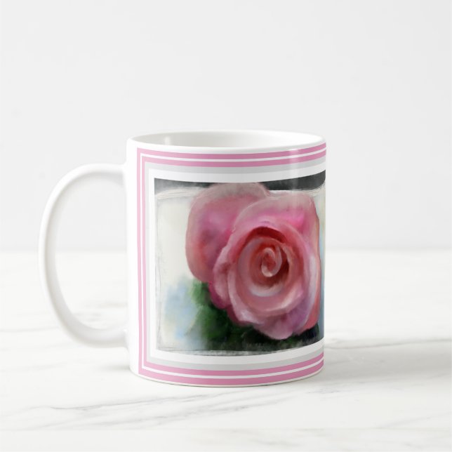 Delicate Rose framed with pink & gray border Coffee Mug (Left)