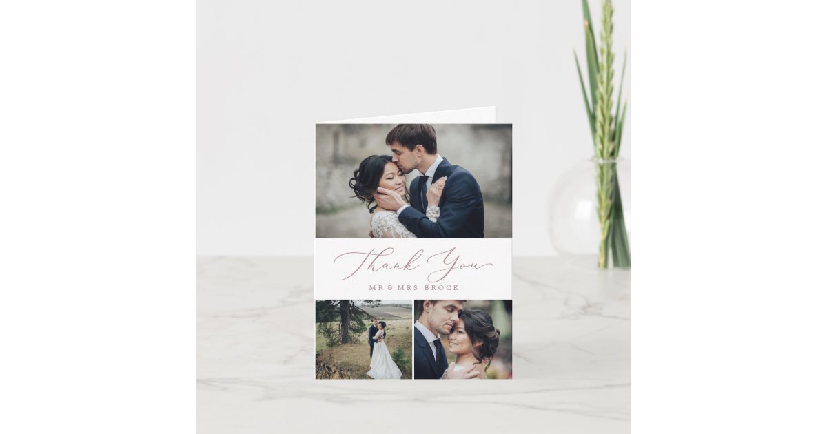 Delicate Rose Gold 3 Photo Collage Thank You Card | Zazzle