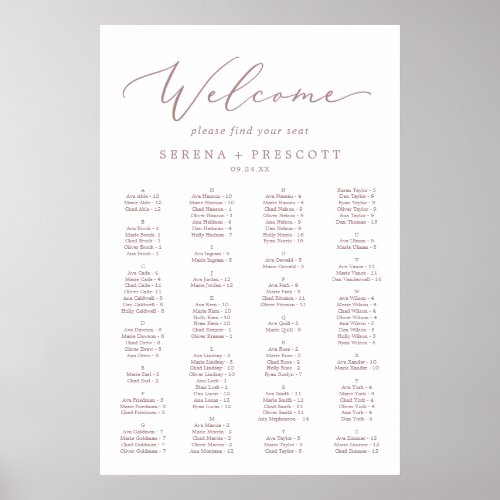 Delicate Rose Gold Alphabetical Seating Chart