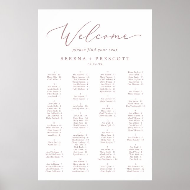 Delicate Rose Gold Alphabetical Seating Chart (Front)
